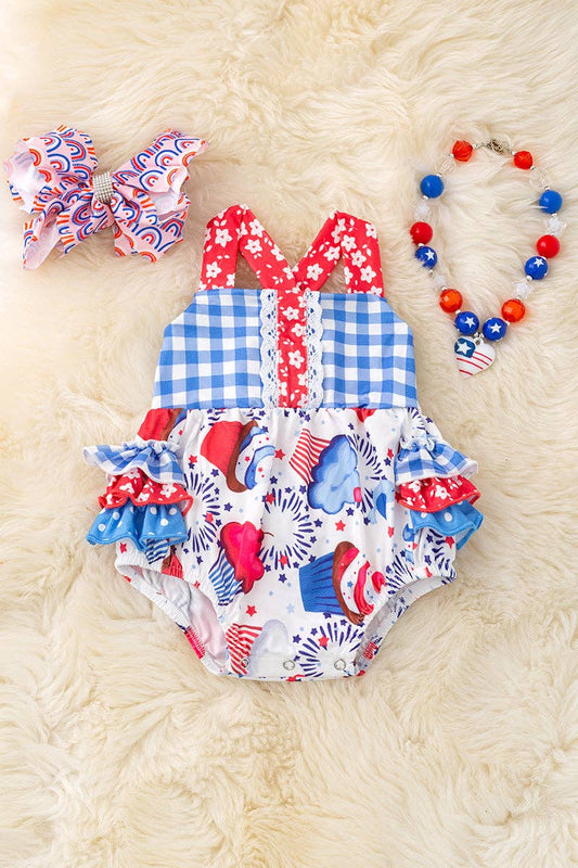 Cup cake printed patriotic baby onesie w/ruffle butt. RPG50579 AMY