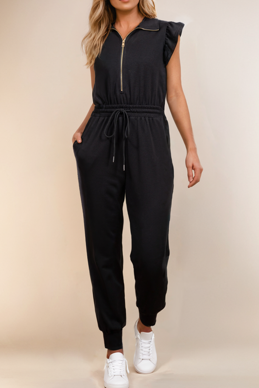 Zipper Front Short Sleeve Drawstring High Waist Jumpsuit LA641