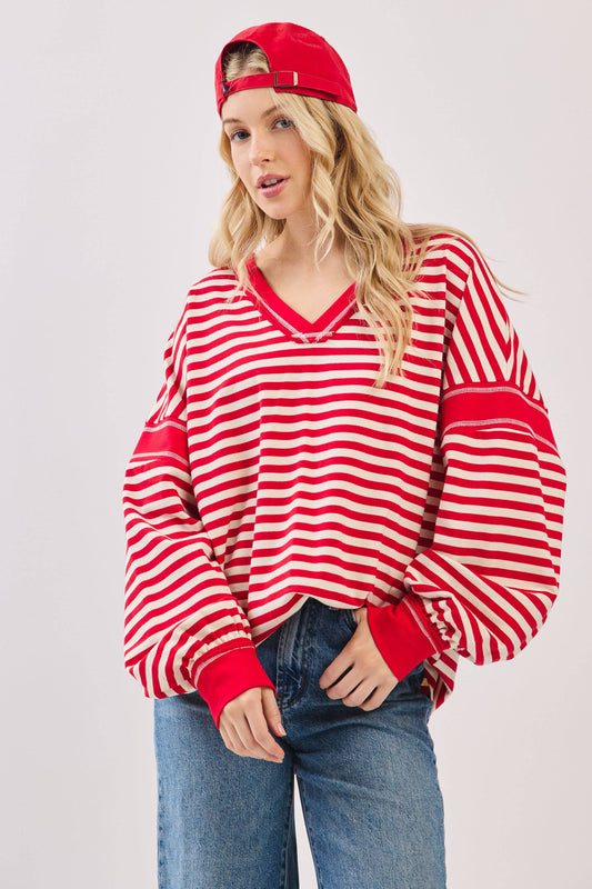Striped Balloon Sleeve V-Neck Knit Top-SBSVK