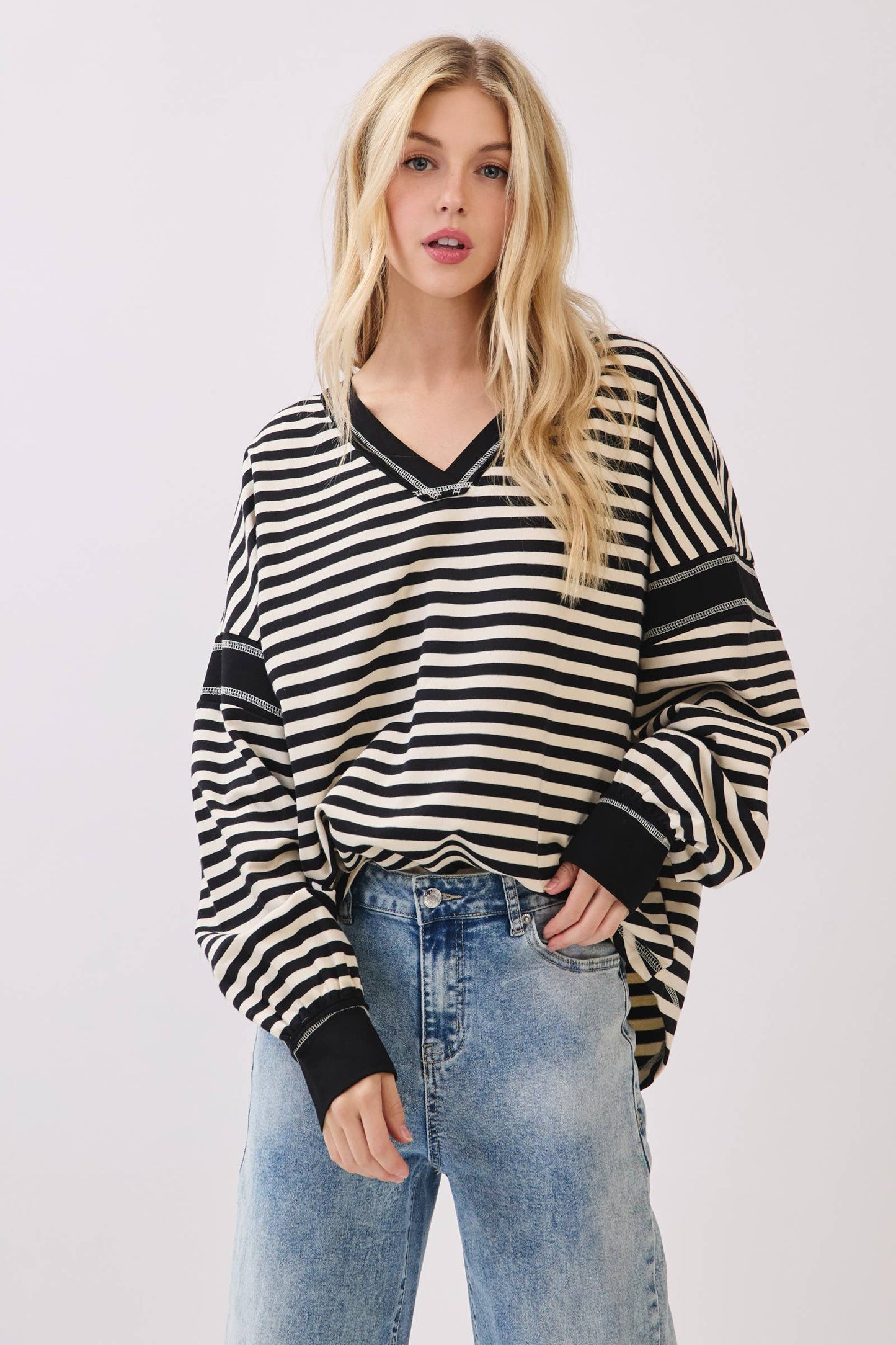 Striped Balloon Sleeve V-Neck Knit Top-SBSVK