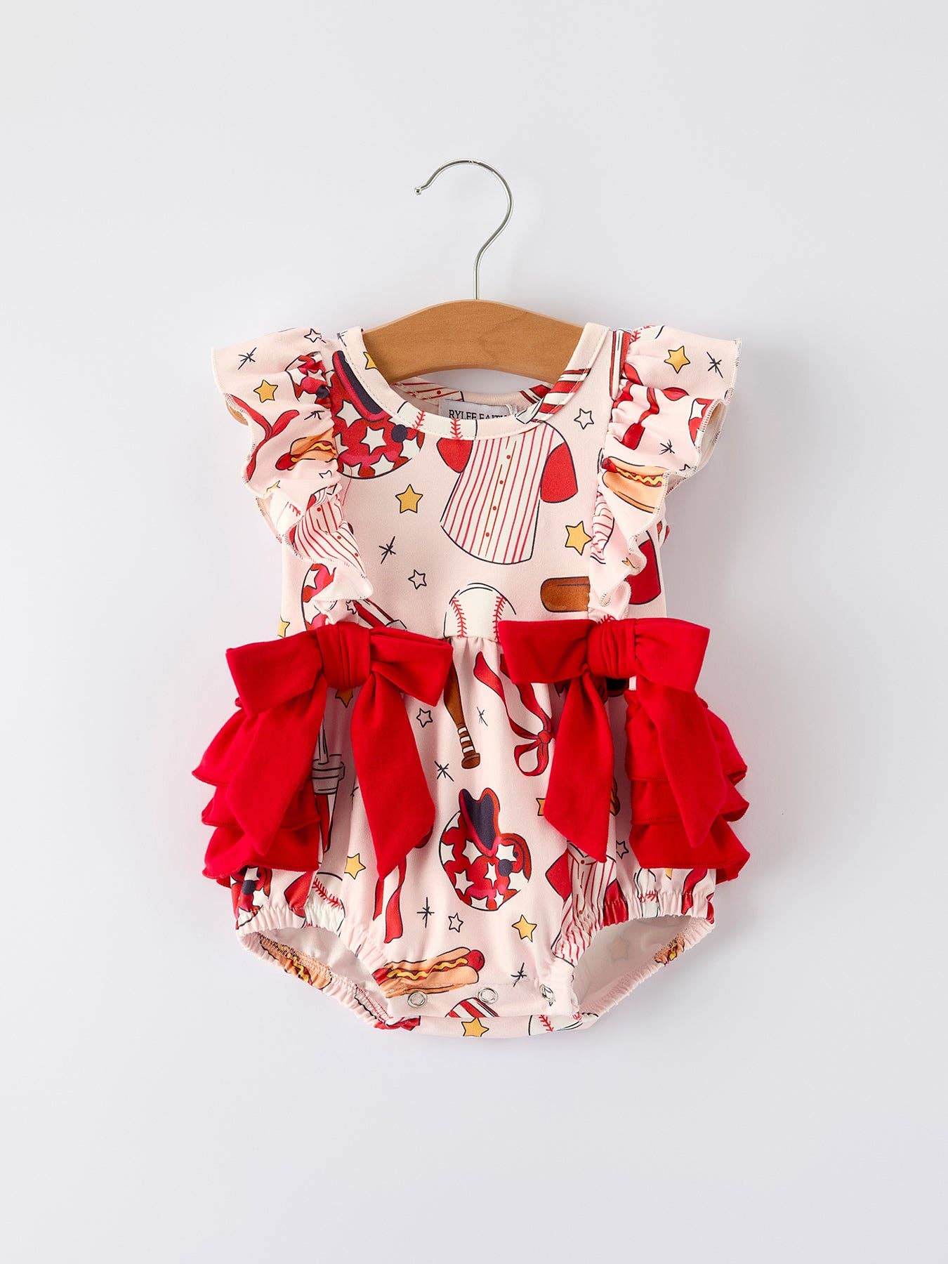 Baby Girl Romper with Red Bows Baseball Print 011226AJ