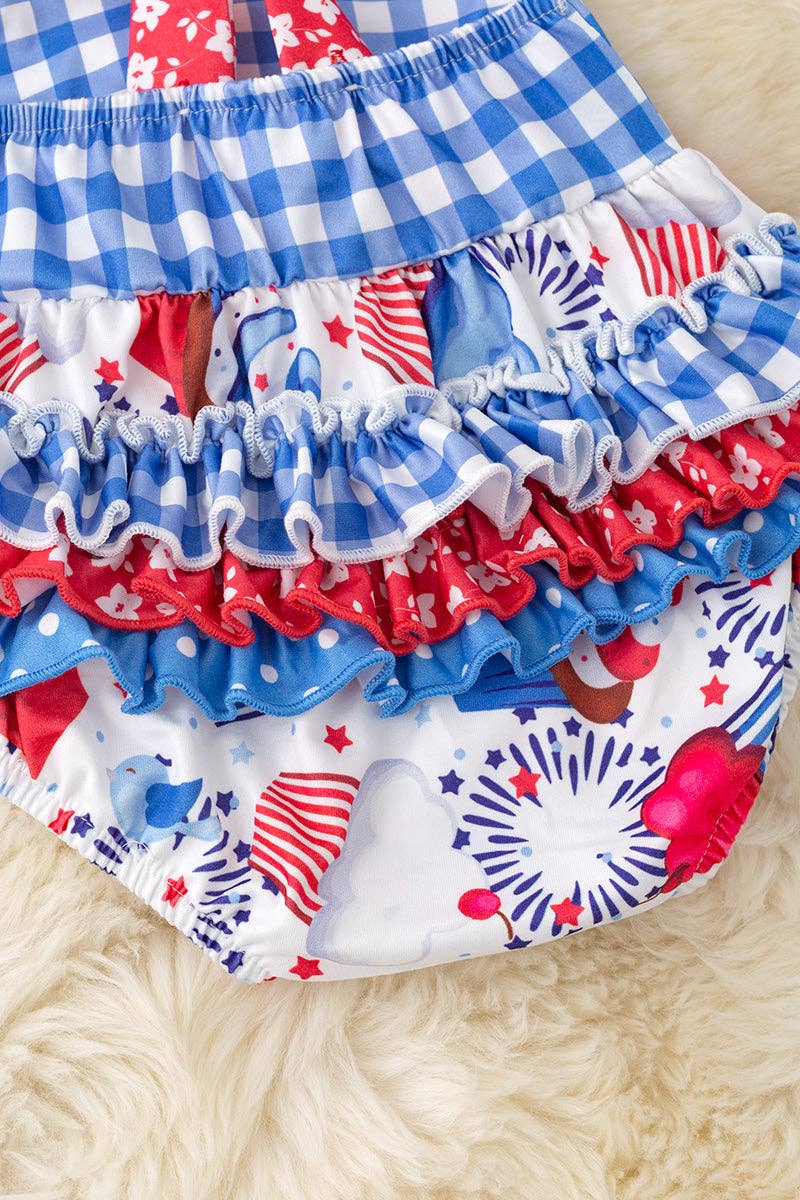 Cup cake printed patriotic baby onesie w/ruffle butt. RPG50579 AMY