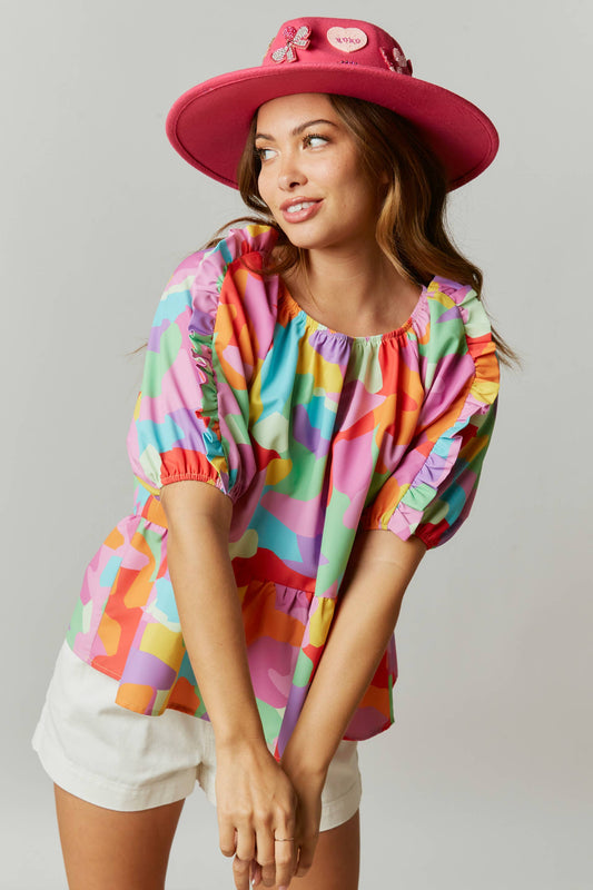 Abstract Print Ruffled Babydoll Blouse