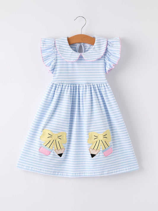 Back To School Girls Plaid Pencil Applique Bow Dress DRG53476