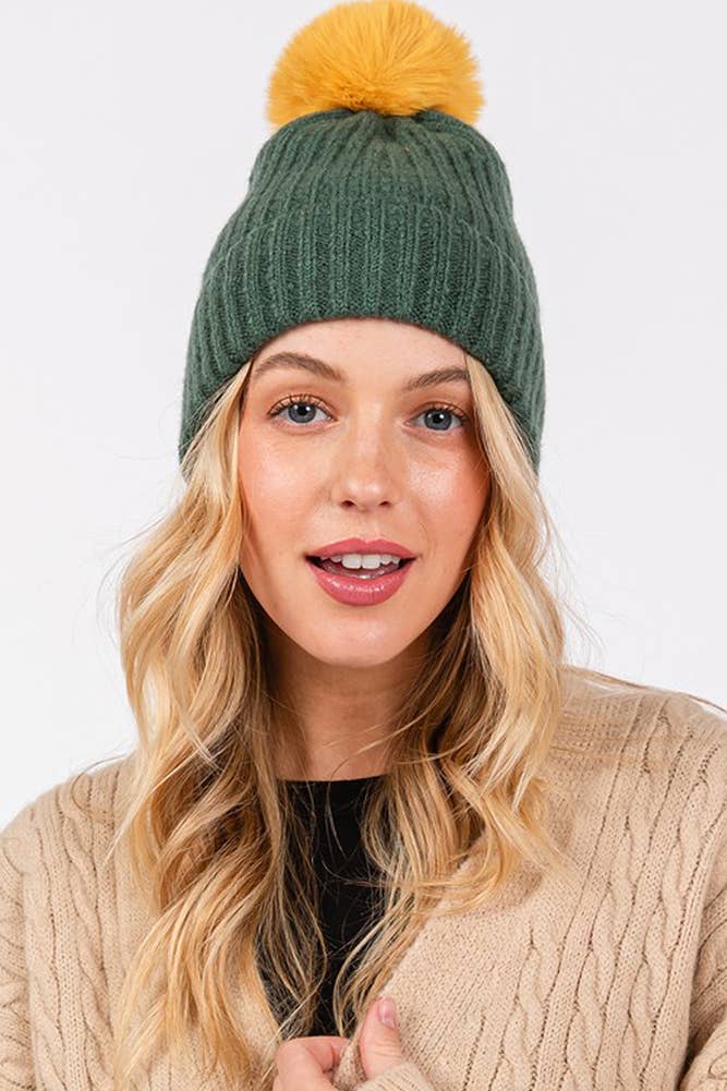 Two Tone Color Pom Pom Women's Beanie Winter Hat 111225-AS