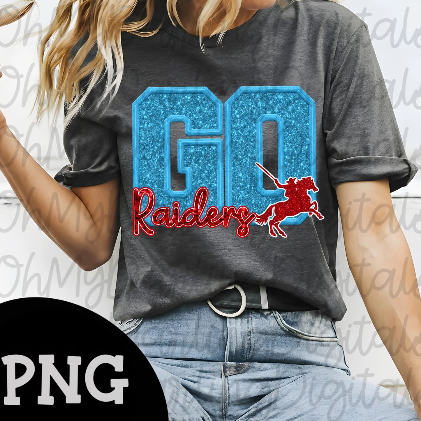 GO RAIDERS FAUX SEQUIN GLITTER T-SHIRT (BLUE GO RED RAIDERS )