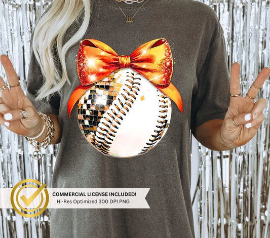 Faux Sequin discoball and BASEBALL orange bow T-shirt