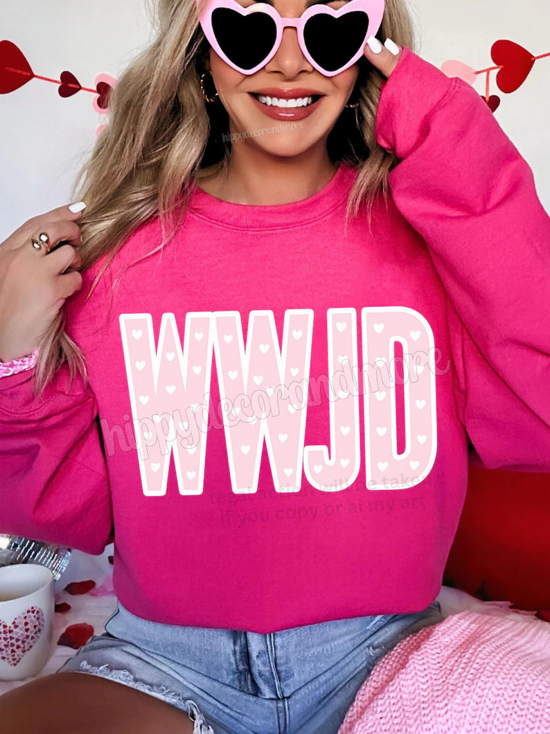 Pink with Hearts WWJD- SWEATSHIRT- (GILDAN/JERZEES)