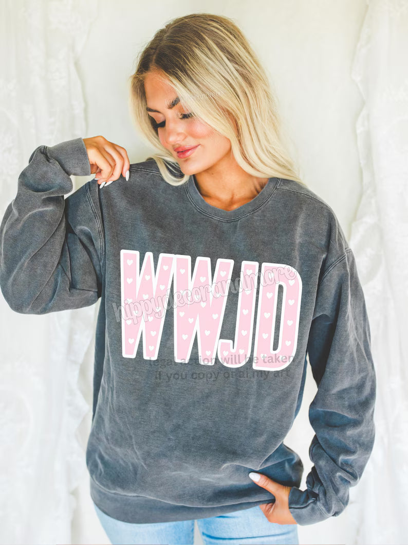 Pink with Hearts WWJD- SWEATSHIRT- (GILDAN/JERZEES) – The Pretty Patches.