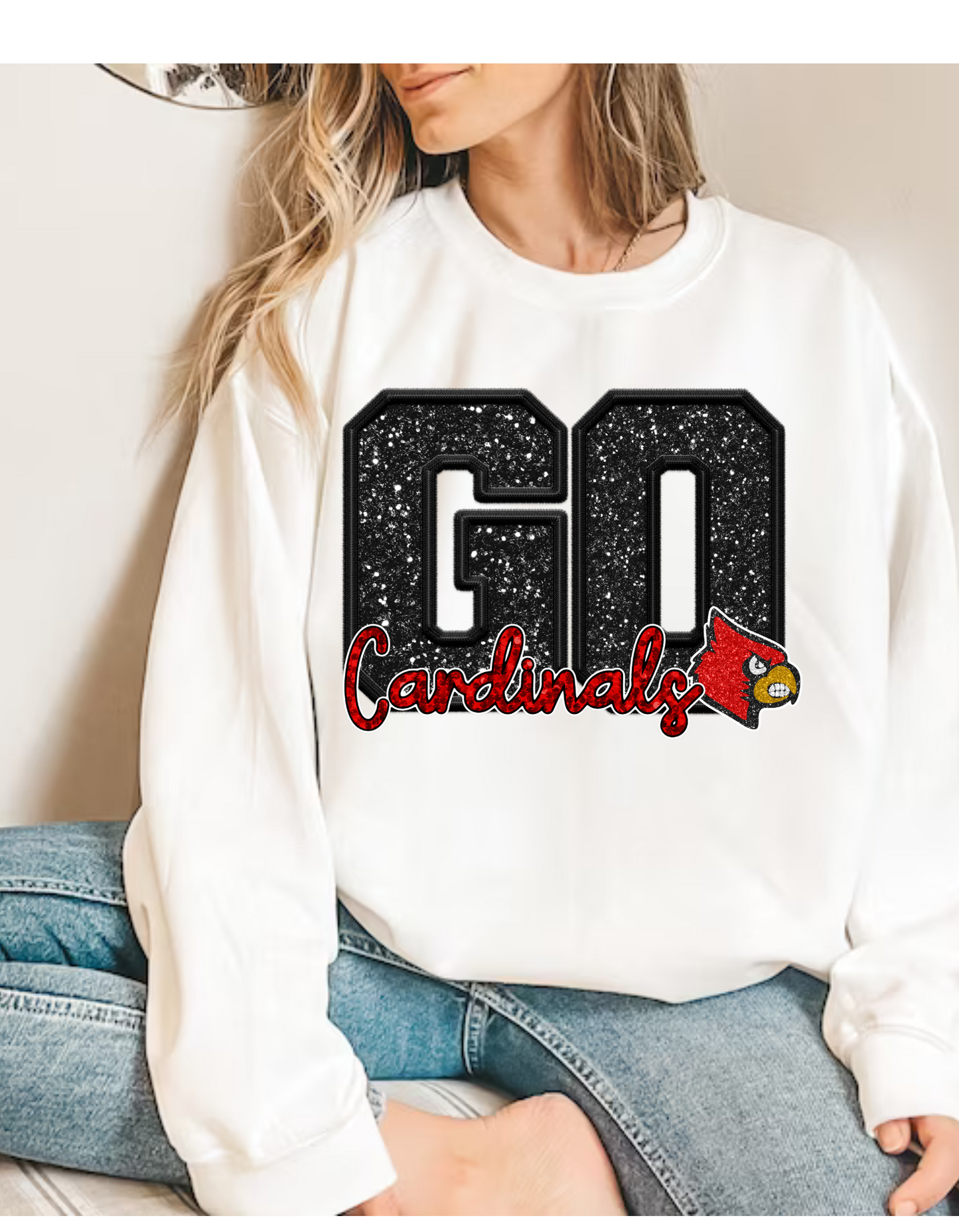 GO CARDINALS -FAUX SEQUIN GLITTER SWEATSHIRT (BLACK GO- RED CARDINALS)