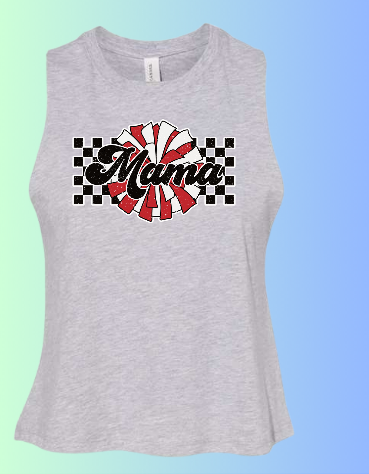 Cheer Mama retro squares and red and white pom pom