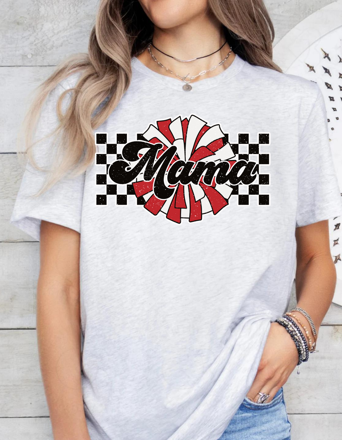 Cheer Mama retro squares and red and white pom pom