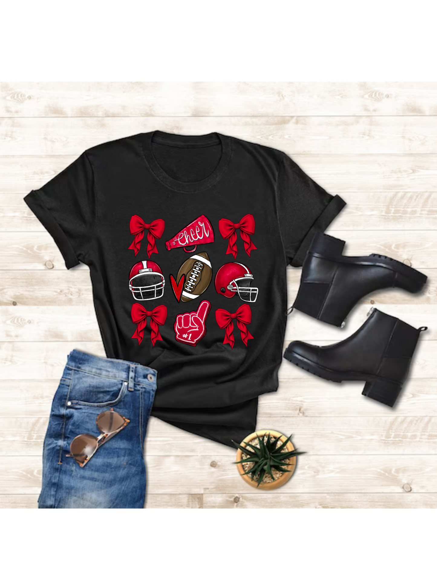 Red Bow, cheer megaphone, red helmet, foam finger t-shirt