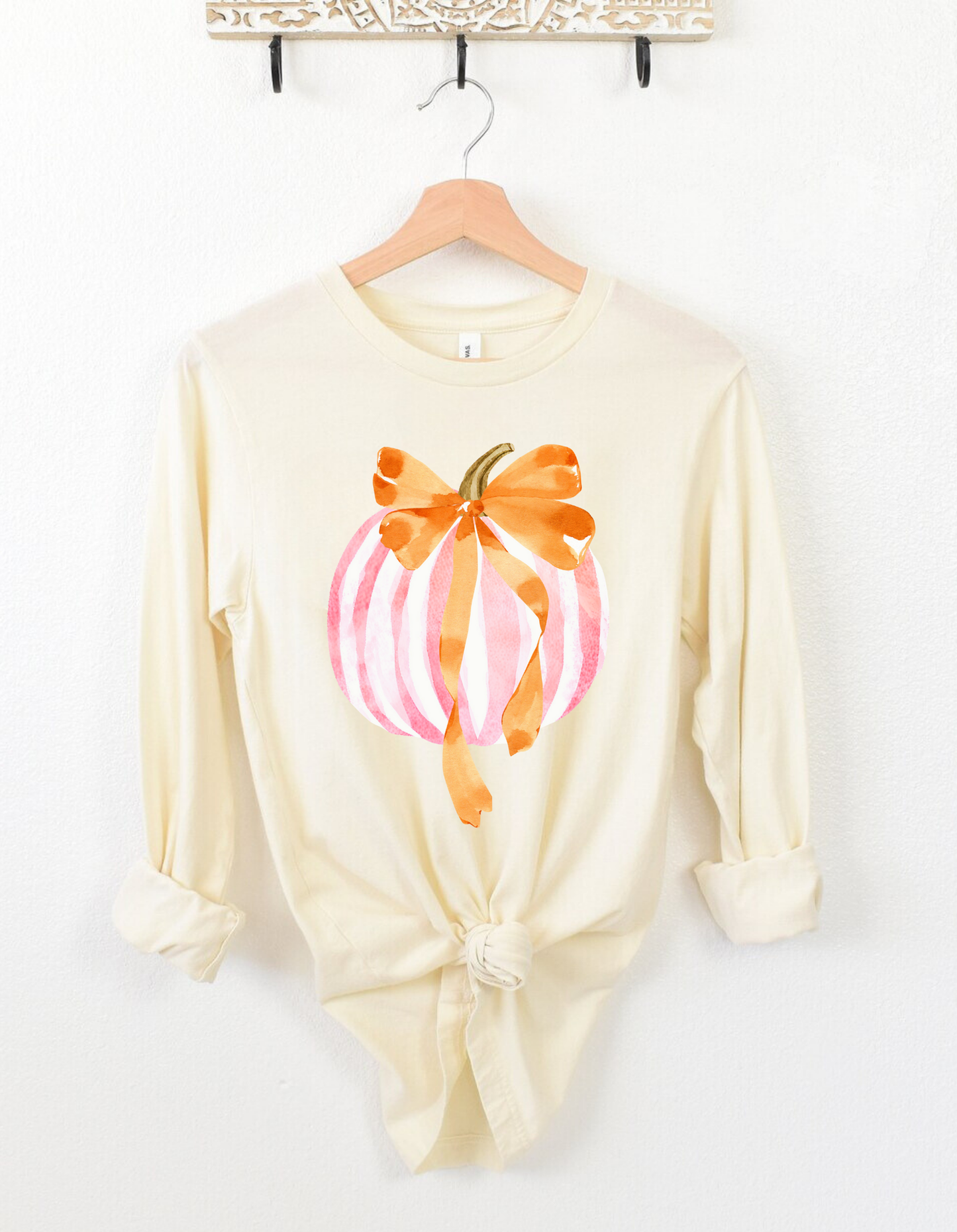 Preppy pumpkin LONGSLEEVE (pink and white watercolor pumpkin, orange bow)