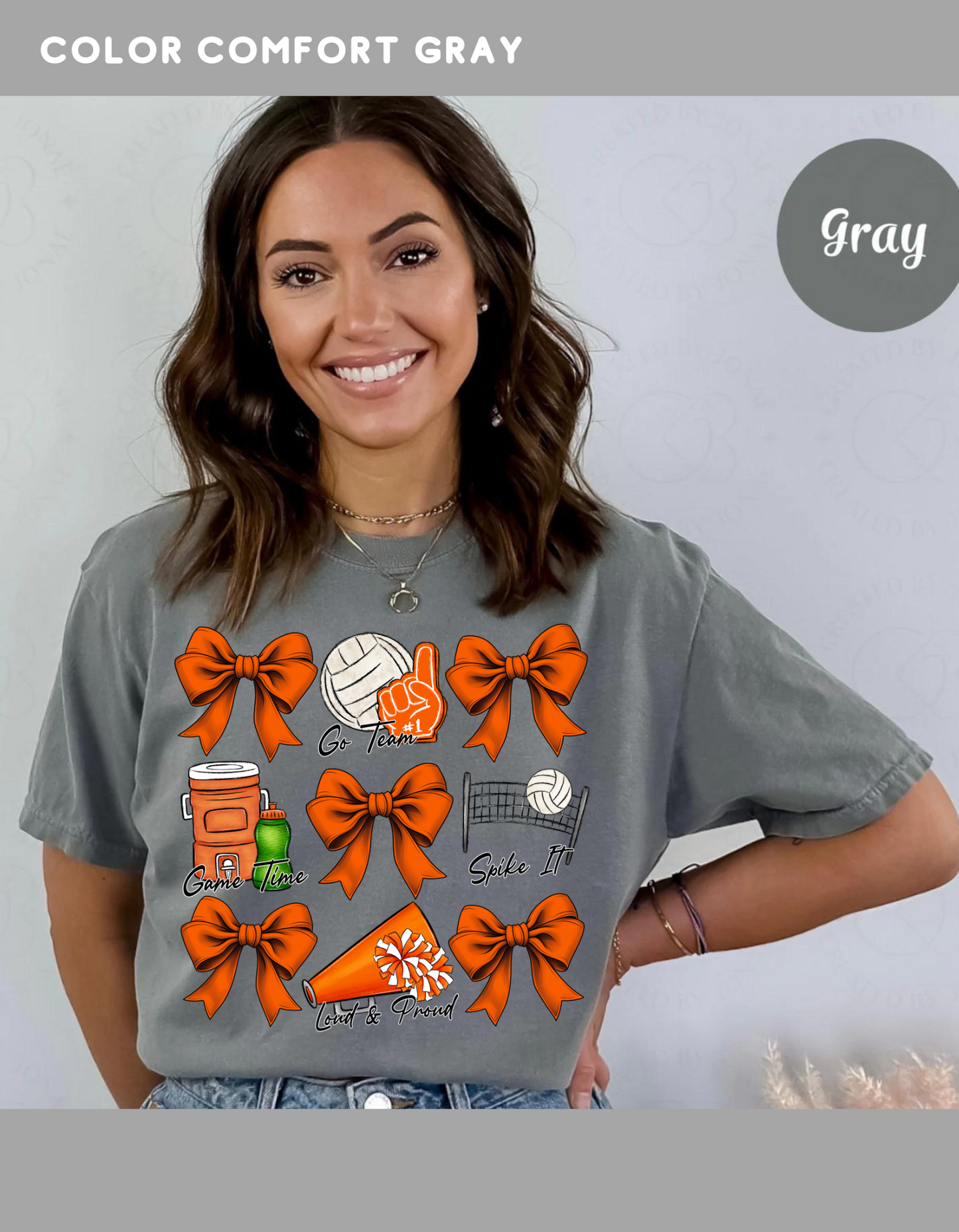 Orange bows-( volleyball, spike it volleyball and net, loud and proud cheer mega phone) T-shirt