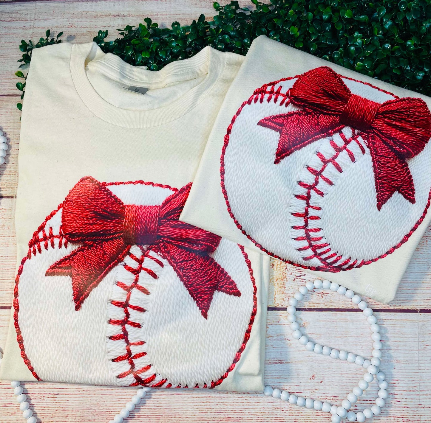 Faux Embroidered Baseball with Red Bow - T SHIRT - (Comfort Color & Bella)